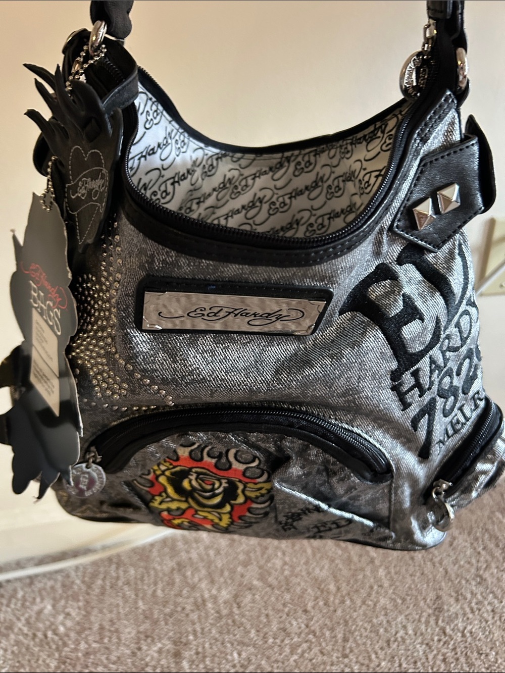 Ed Hardy Metallic Silver Shoulder Bag with Flaming Rose Patch - Picture 9 of 10